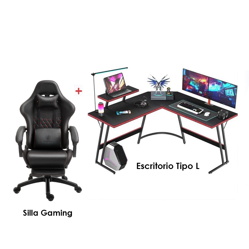 Combo escritorio Gaming HOMALL, diseño en L, 51 x 19 pulgadas + Silla Gaming Dowinx LS-6689, almohada lumbar, reposacabeza y reposapiés, color negro