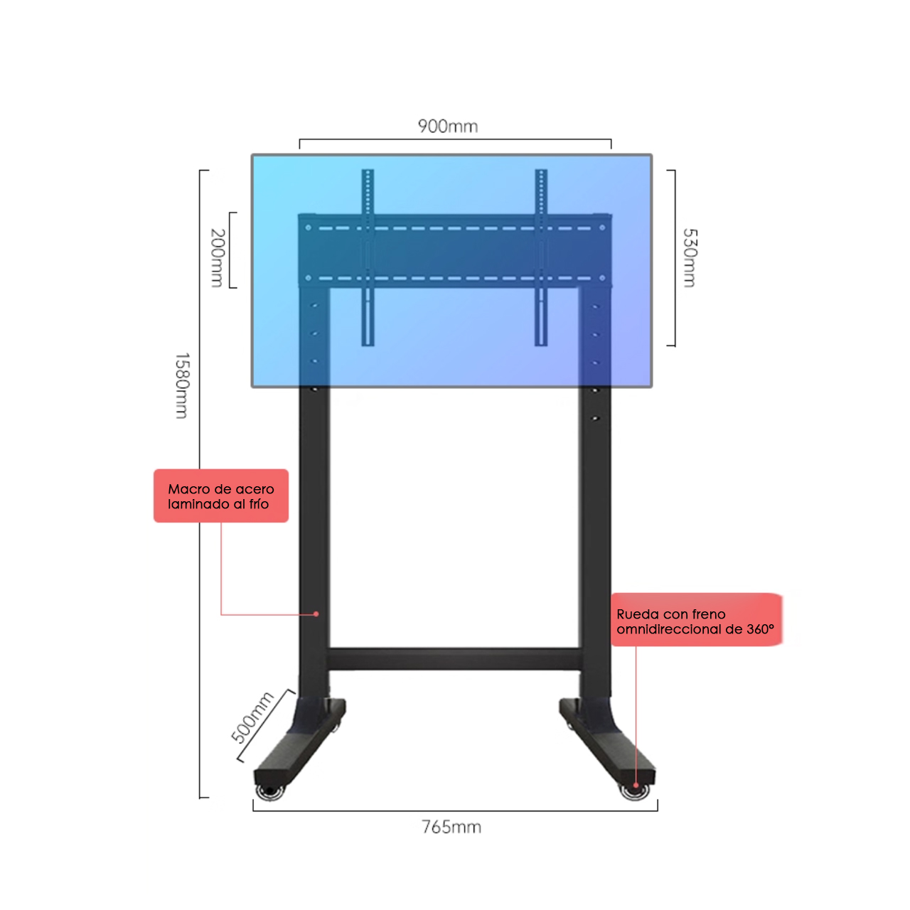 Soporte de piso T-VISION para TV de 50" a 75" pulgadas, rotación libre de 360°, incluye rueditas, peso máx 100Kg