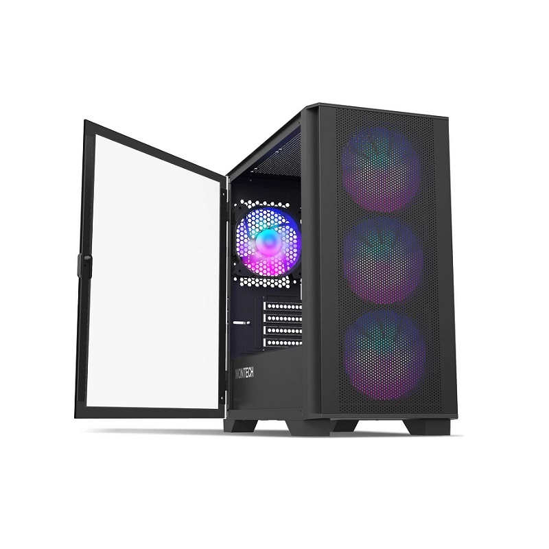Gabinete Montech AIR 100, Micro ATX, 4x Fan RGB preinstalados, Panel lateral vidrio templado, Color Negro