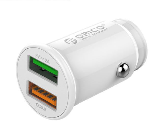 CARGADOR DE CARRO ORICO CON DOS SALIDAS USB DE 9V2A 10W, Blanco