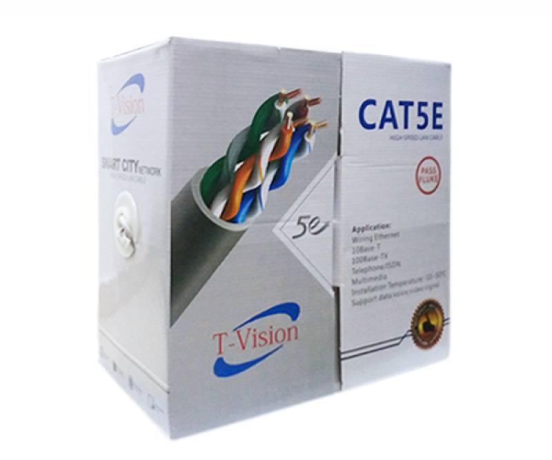 CAJA DE CABLE UTP CAT5e T-VISION, 1000 PIES COLOR AZUL 100% COBRE, CE, PASS FLUKE