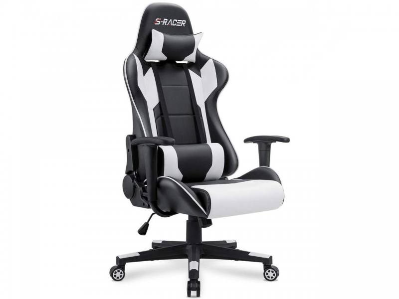 Silla Gaming HOMALL S-RACER, respaldo reclinable, asiento giratorio, reposacabezas y soporte lumbar, Color Negro/Blanco